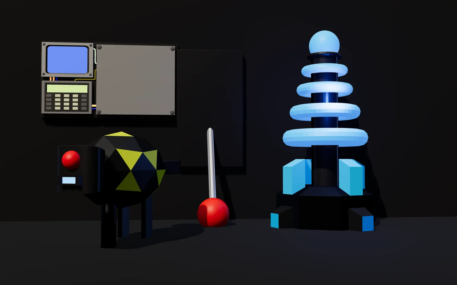 Render of SPARK assets: the robo dog, the wall lever, the electric board and the glowing magnet coil in a dark workshop.